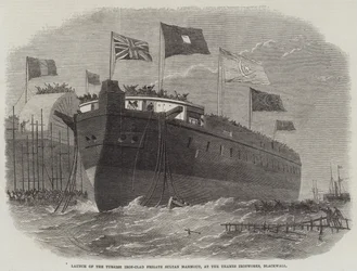 Lancering van het Turkse ijzeren fregat Sultan Mahmoud, bij de Thames Ironworks, Blackwall